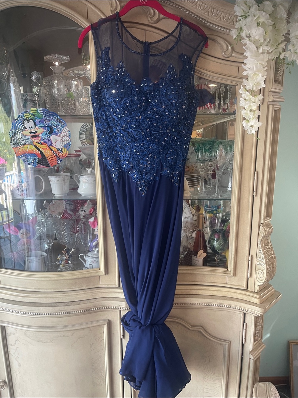Elegant Navy Beaded Illusion Neck Evening Dress by MARSONI BY COLORS